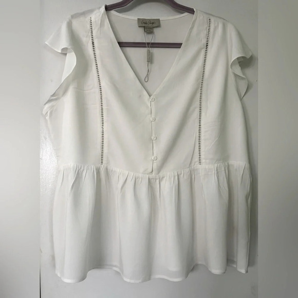 New Charlie Paige XL white Valentina ruffle cap sleeve w/V neck buttoned bodice - Picture 3 of 10